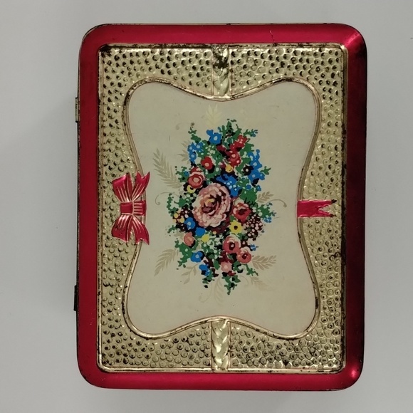 Made in Holland metal hinged tin can floral ornate embossed pink trim vintage - Picture 7 of 12